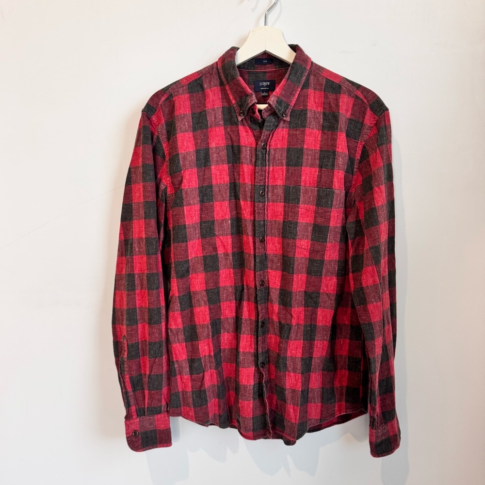J.Crew Factory Homespun Slim Heathered Slub Cotton Shirt Red Black Buffalo Check